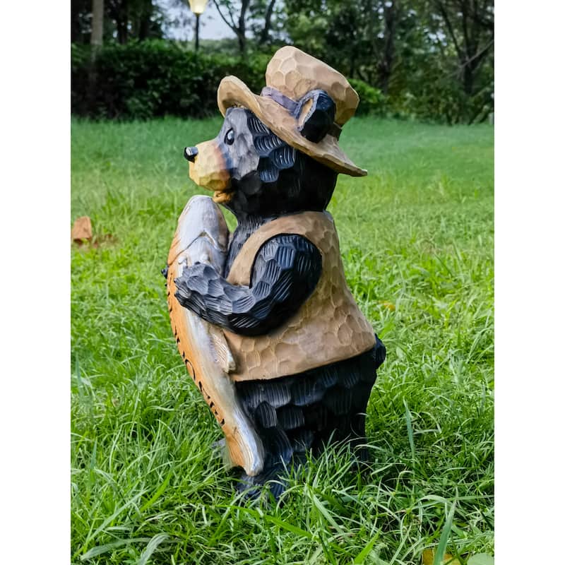 Standing Bear with Fish Welcome Outdoor Garden Sign - 18"