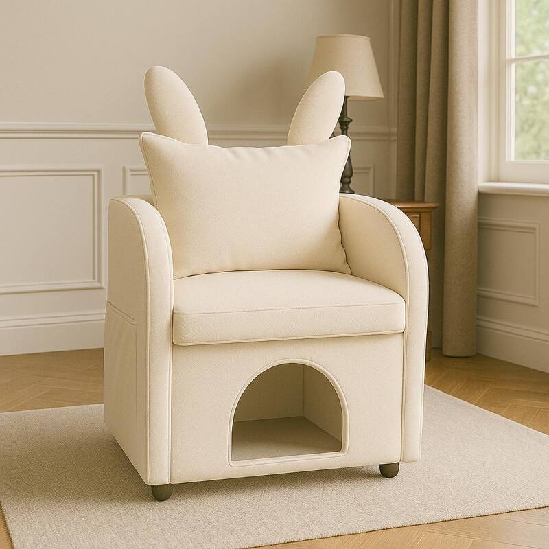 Velvet Bunny-Ear Pet-Friendly Armchair with Built-in Cat & Dog Hideaway, Plush Dual-Use Sofa Chair