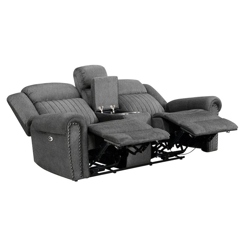 Ben 76 Inch Power Double Recliner Loveseat, Gray Microfiber, Console, Cupholders