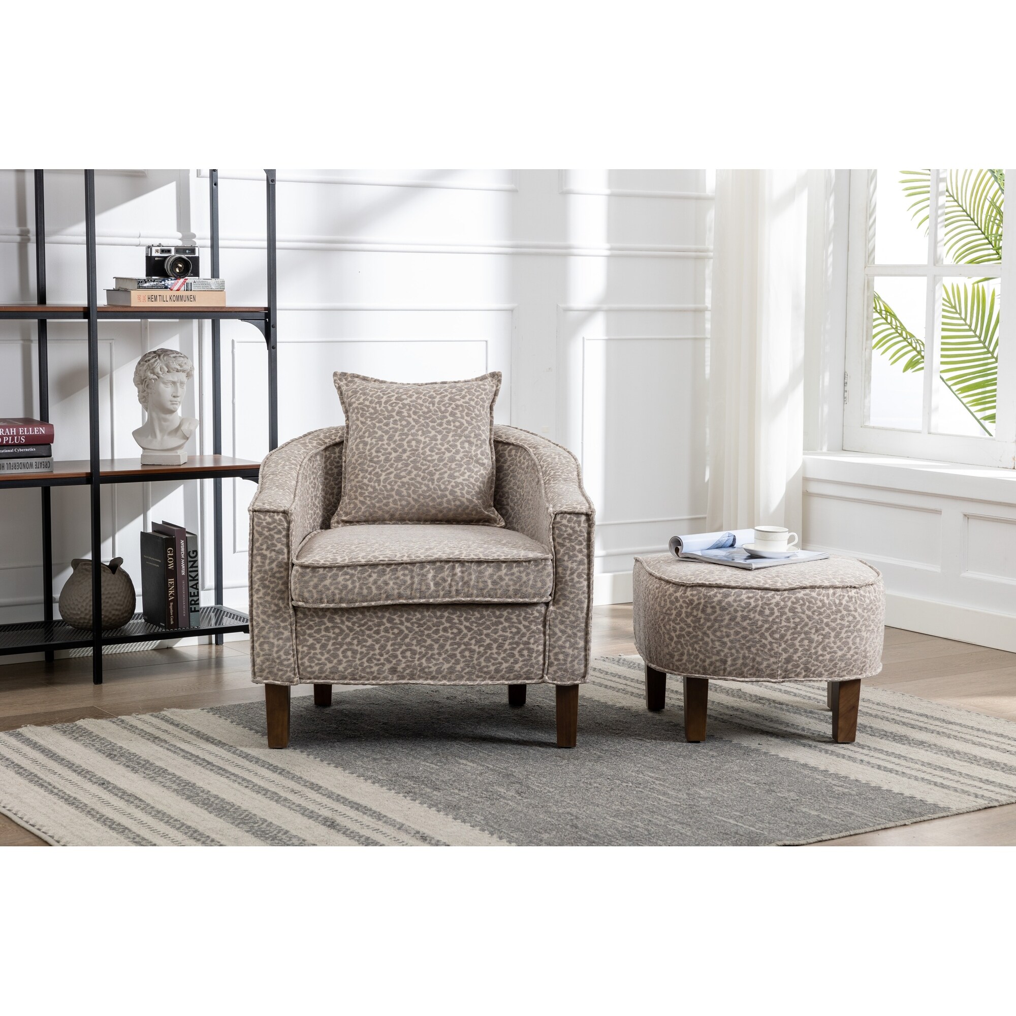 Linen Polyester Upholstered Mid Century Barrel Chair with Ottoman