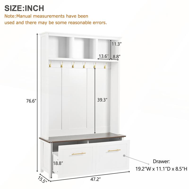 Versatile 4-in-1 Hall Tree with 6 Golden Hooks and Wood Grain Bench
