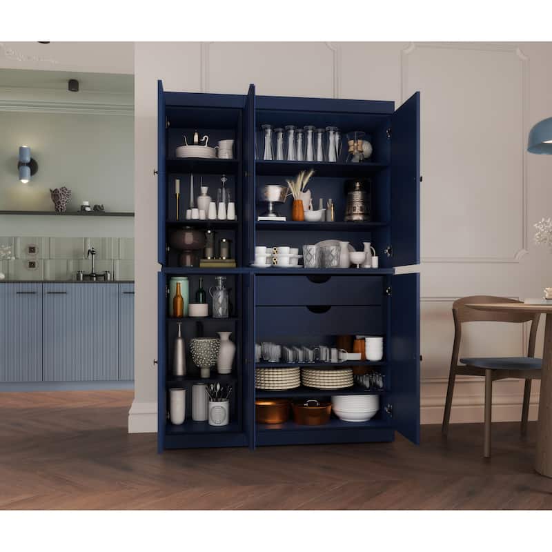 Palace Imports 100% Solid Wood China Pantry with Glass or Solid Wood Doors and 2-Drawers - 48.5" x 71.5" - Navy - Solid