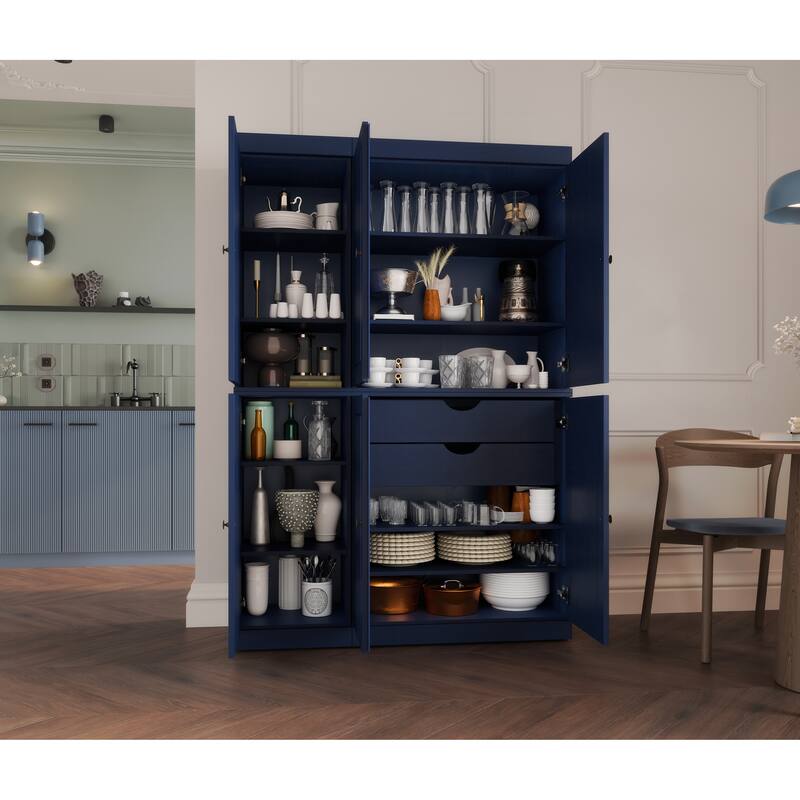 Palace Imports 100% Solid Wood Pantry Cabinet, Raised Panel Doors, 2 Drawers, Adjustable Shelves, 48.5" Wide, 71.5" Tall - Navy