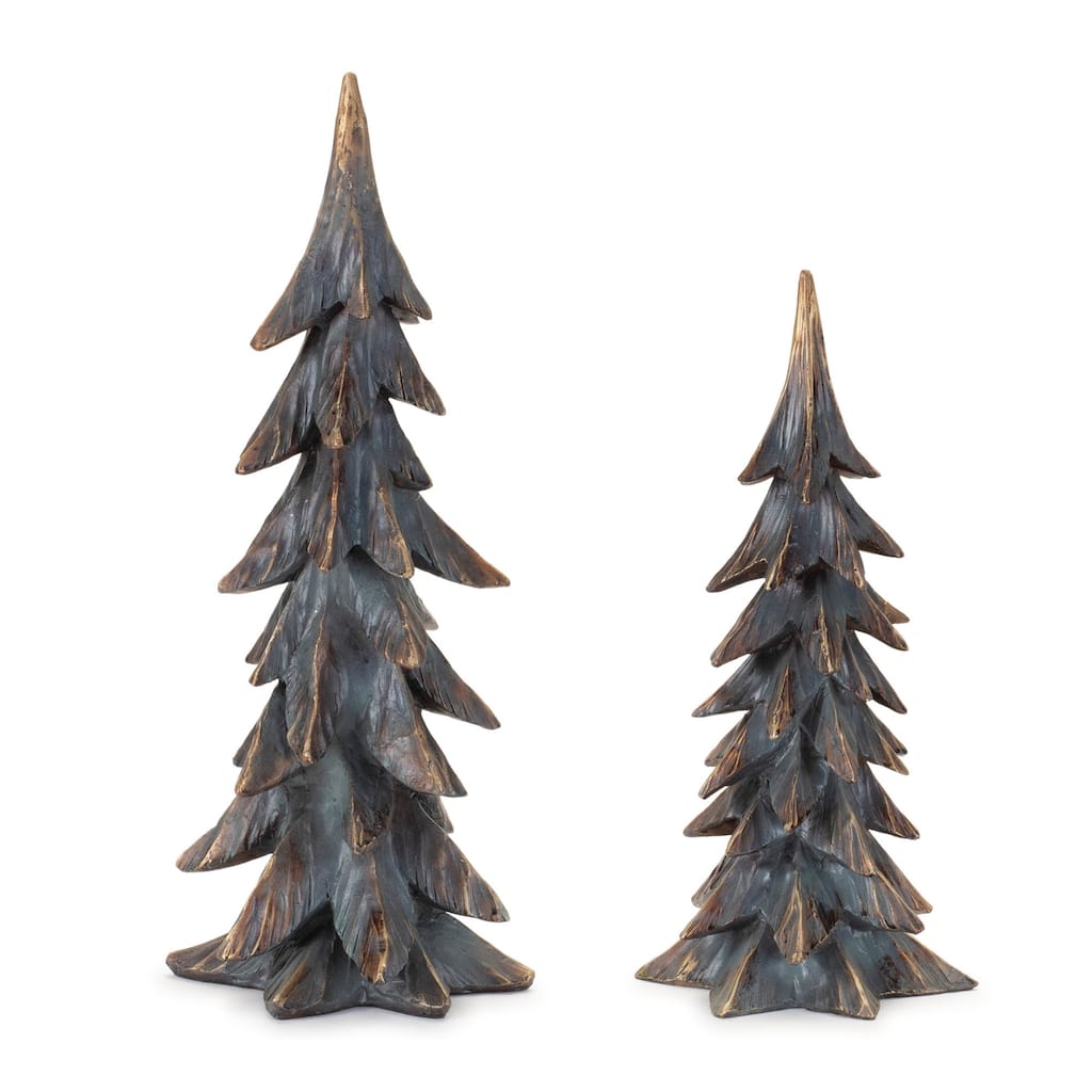 Set of 2 Indoor Holiday Pine Trees Durable Polyresin Décor with Wintry Gray & Metallic Gold Finish
