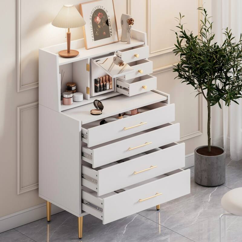 Vanity Makeup Table with Hidden Mirror, Retractable Desk, and Drawers