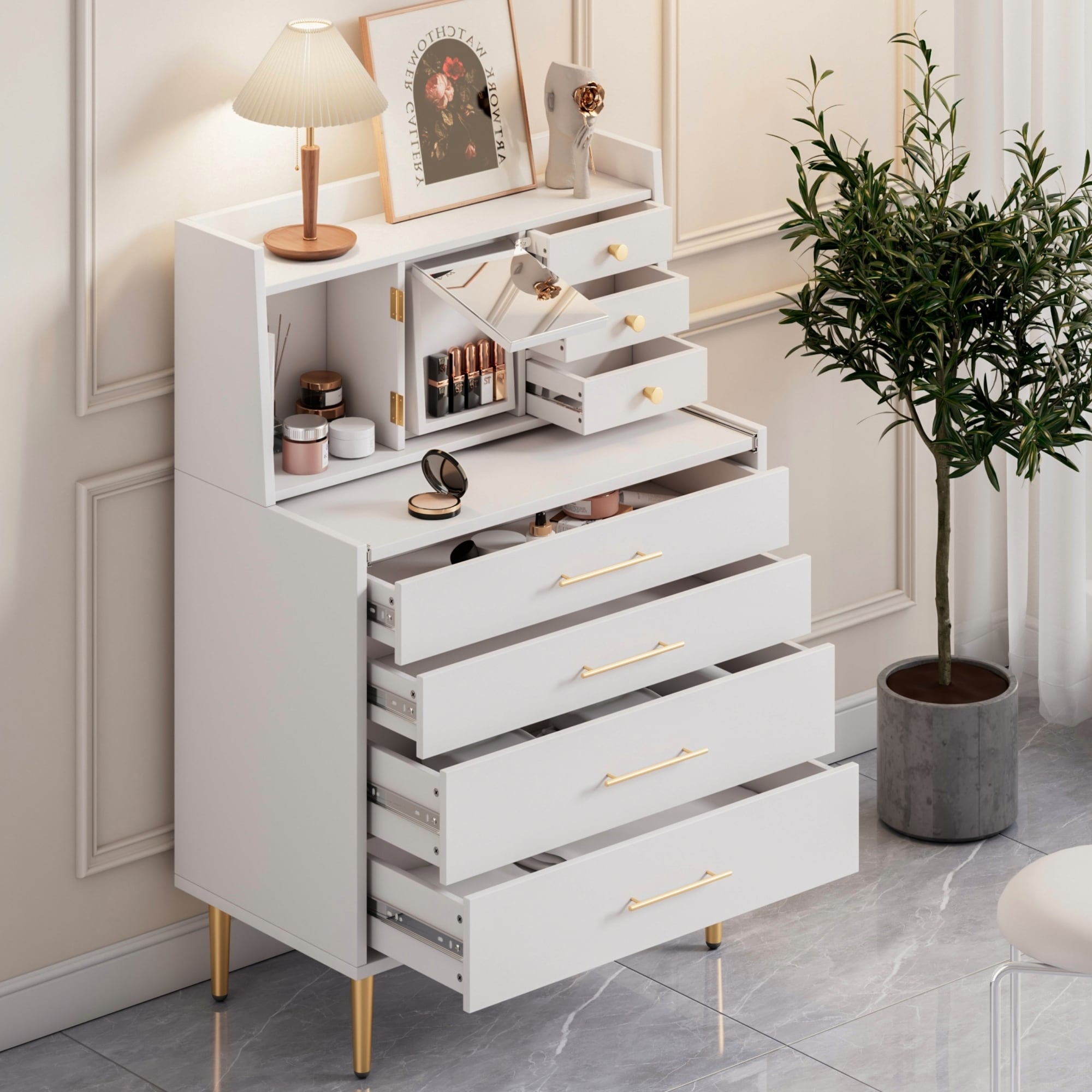 Storage Vanity Makeup Table with Mirror and Retractable Table, Storage Dresser with 7 Drawers