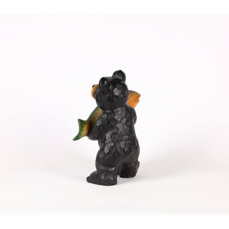 11.25" Black Bear and Cub Holding Fish "Welcome" Sign Statue