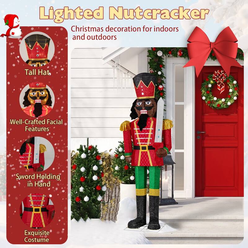 Gymax 5 FT Lighted Christmas Nutcracker w/Glitter Sword 100 LED Lights - Multi