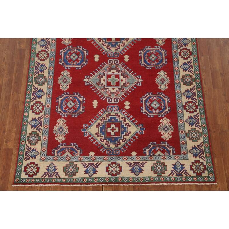 Red Geometric Kazak Area Rug Hand-Knotted Oriental Wool Carpet - 5'5" x 6'5"