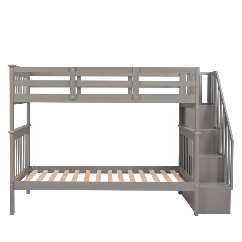 Twin-Over-Twin Bunk Bed with Storage, Guard Rail, and Staircase in Gray