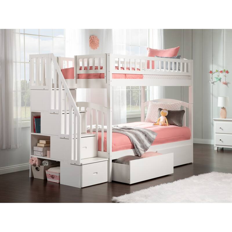 AFI Westbrook Twin over Twin Size Staircase Bunk Bed with Bed Drawers & Charging Station in White