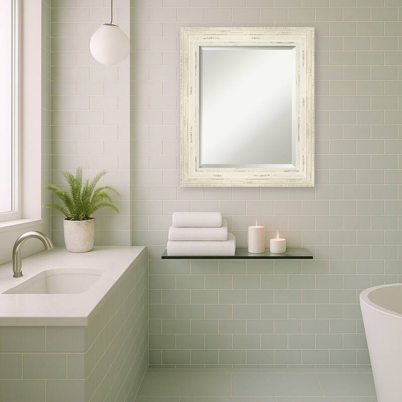 Beveled Wood Bathroom Wall Mirror - Alexandria White Wash Frame