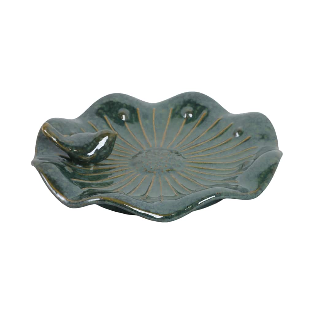 Stoneware Flower Birdbath Perched Bird in Glaze Finish - 10" Green - 10" x 10" x 2"
