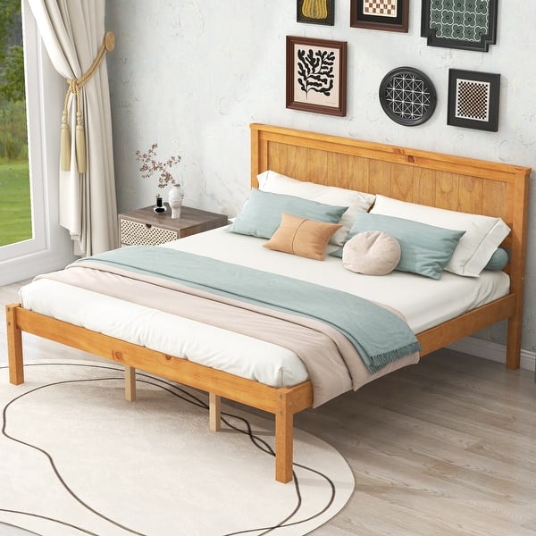 slide 2 of 9, Classic Platform Bed Frame Wood Queen Bed with Headboard, Solid Wood Queen Size Platform Bed Frame, No Box Spring Needed Oak - Queen