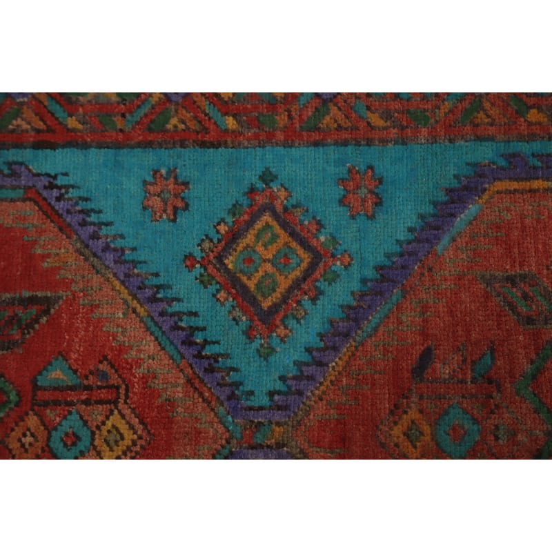 Hand Knotted Oriental 100% Wool Carpet Traditional Geometric Multi-Colored Heriz Runner Rug - 14' 1'' X 3' 9''