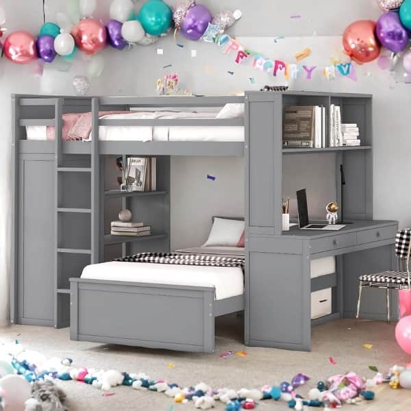 slide 2 of 16, Full size Loft Bed with Twin size Stand-alone bed, Shelves,Desk,and Wardrobe,No Box Spring Required Gray