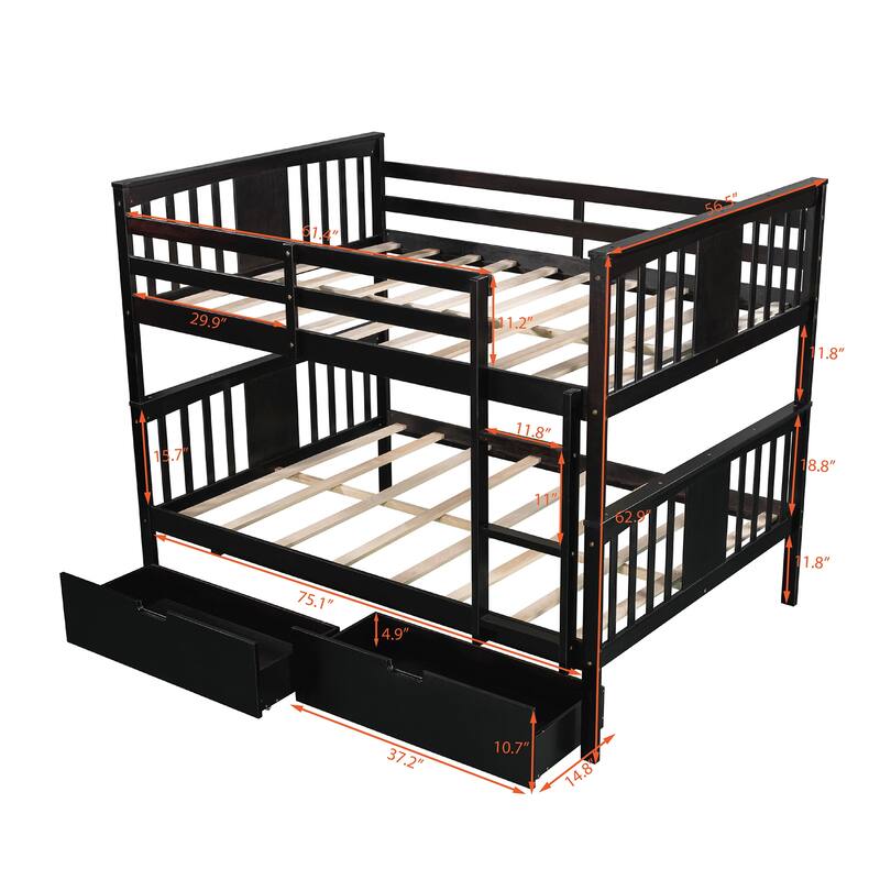 Full over Full Bunk Bed with Under-Bed Drawers and Ladder for Bedroom, Guest Room Furniture