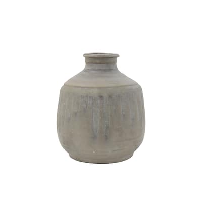 Grey Terracotta Vase with Distressed Blue Design