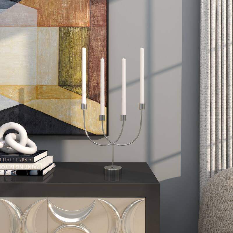 Silver Stainless Steel Metal Overlapping U-Shaped Candelabra with Round Elevated Base - Silver