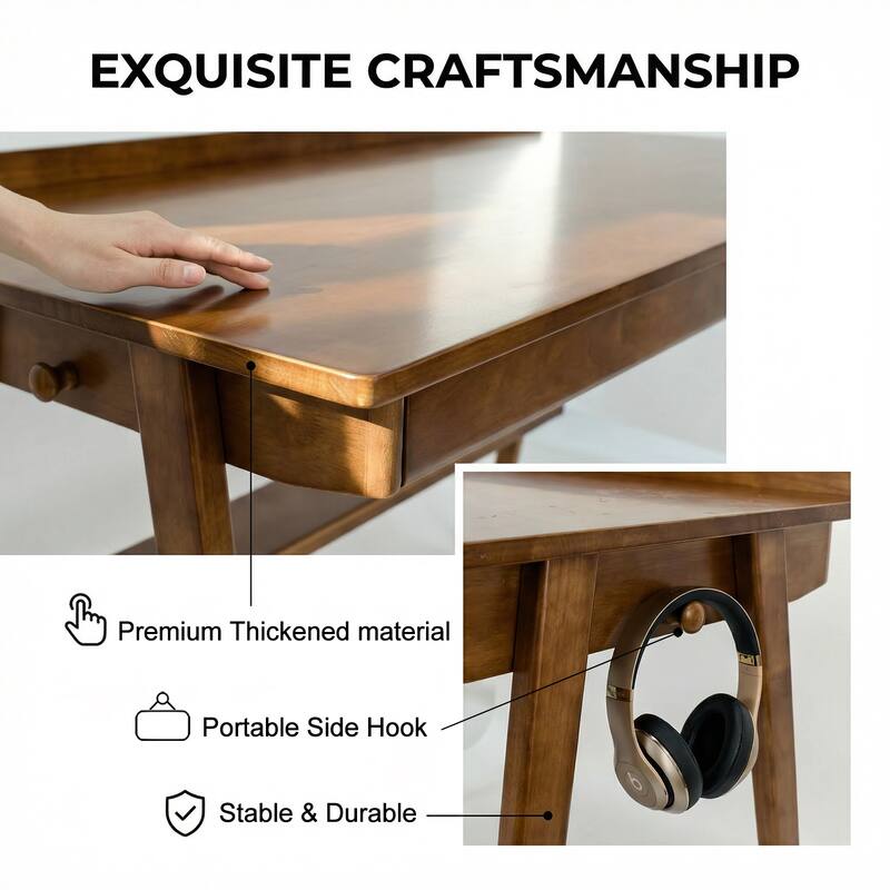 Anmytek Mid Century Modern Walnut Solid Wood Writing Desk with Drawers and Storage Shelf