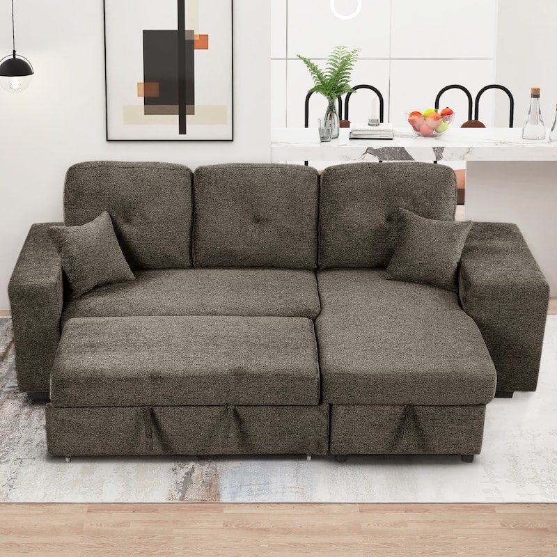 95'' Reversible L-Shaped 3-Seat Sleeper Sofa with Storage Chaise, Pull-Out Bed, and Side Shelf, Includes 2 Stools