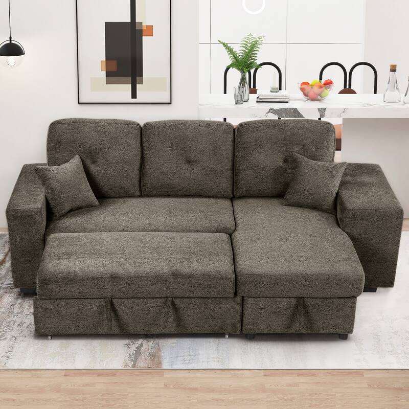 95'' Reversible L-Shaped 3-Seater Sofa with Storage Chaise and Pull-Out Bed, Side Shelf and 2 Stools Included