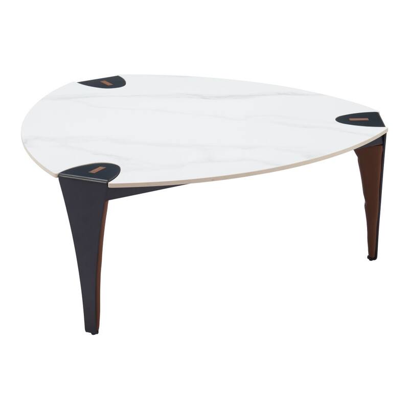 HomeRoots 36" White and Black Sintered Stone Faux Leather And Steel Triangle Coffee Table - 36' X '15.2' X '36