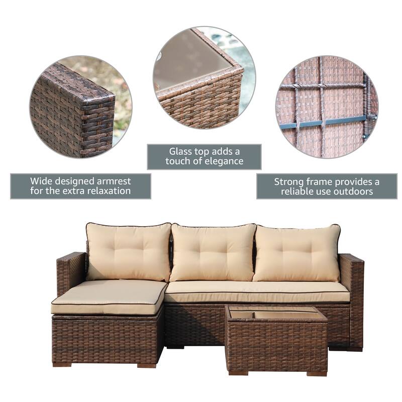 Outdoor Cushioned Wicker 3-piece Sectional Set