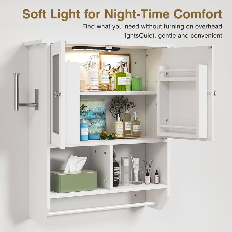 VECELO White Double Door LED Mirror Medicine Cabinet with Adjustable Shelves Tempered Glass Wall Mounted Bathroom Cabinet