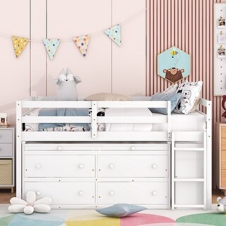 Full Wood Loft Bed Frame with Retractable Desk, 4Drawers,Shelves,White