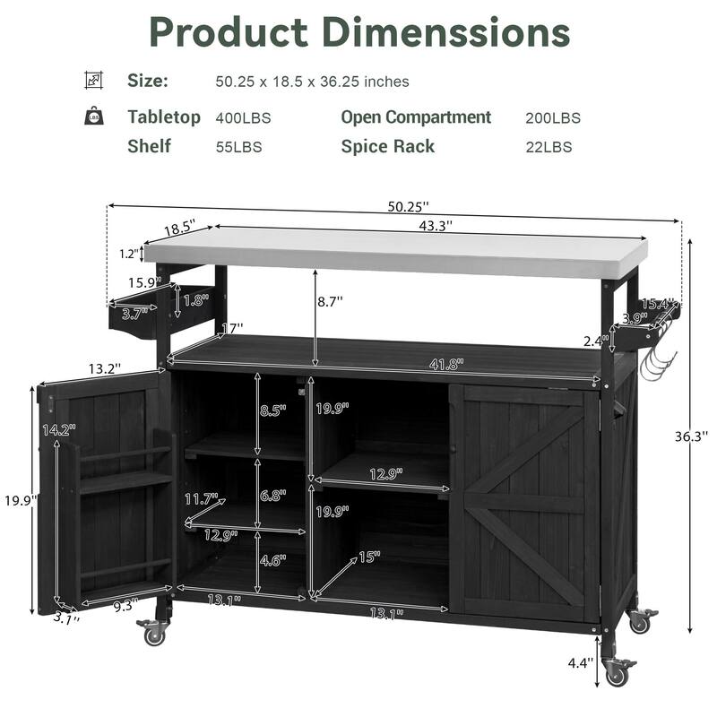 Kitchen Island, Rolling Bar Cart & Storage Cabinet, Farmhouse Solid Wood Outdoor Grill Table