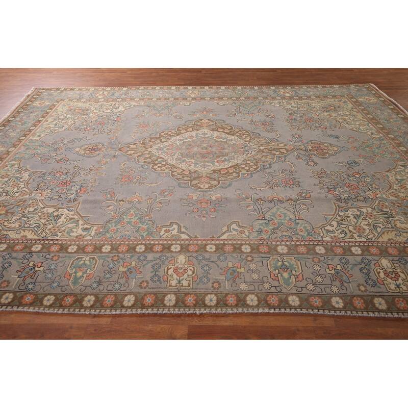 Traditional Gray Tabriz Persian Vintage Rug Hand-Knotted Wool Carpet - 9'6"x 12'11"