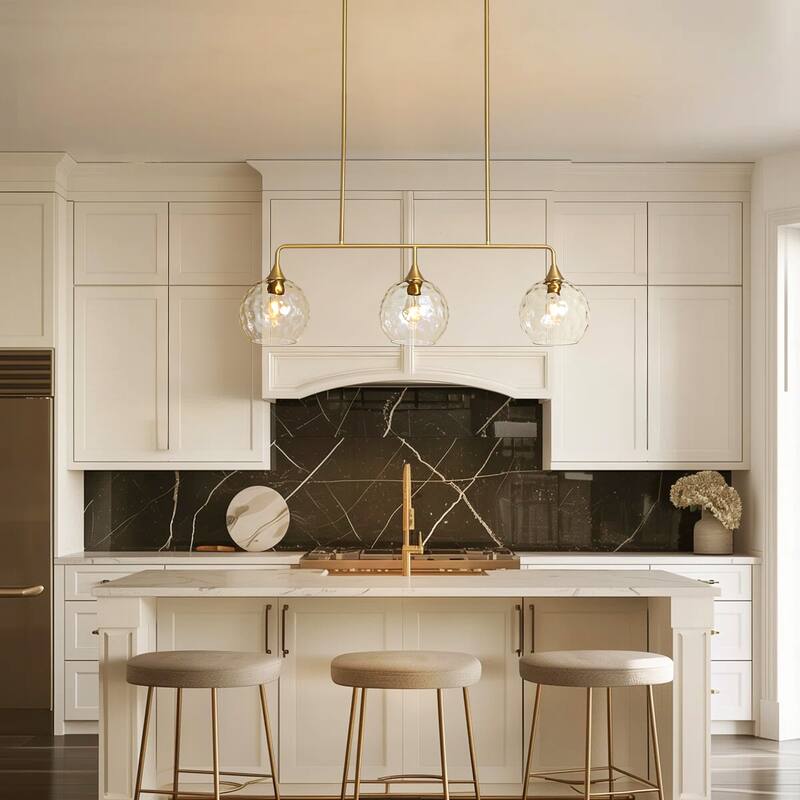 3-Light Modern Black/Brushed Gold Linear Chandelier for Kitchen Island with Clear Textured Glass Globe Shades