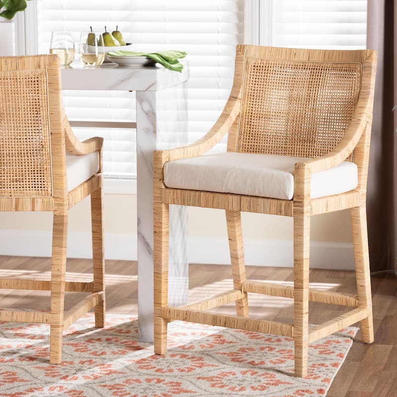 Alexis Natural Rattan Counter Stool - Handcrafted Wingback Counter Chair with Woven Back and Removable Seat Cushion