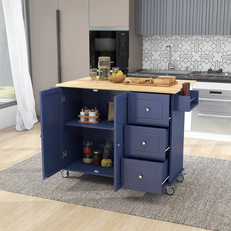 Multi-Functional Kitchen Island on Wheels with Expandable Drop Leaf, Large Storage & Sturdy Wood Surface