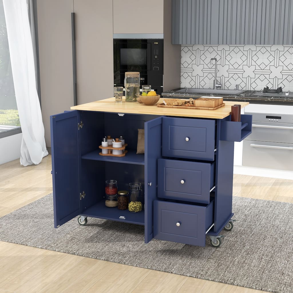 Multifunctional 52.7'' Rolling Kitchen Island With Adjustable Shelves and 3 Drawers,Blue - Kitchen Cart
