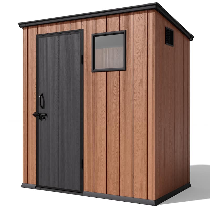 All-Weather Outdoor Storage Shed Waterproof Resin Garden Shed with Floor, Lockable Doors, Skylight for Lawn Tools & Bikes - 6' x 4' - Brown
