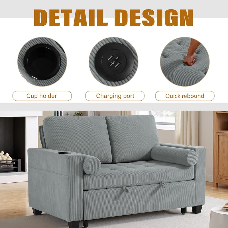 Corduroy Pull-Out Chair Bed Adjustable Recline Convertible Sleeper Sofa