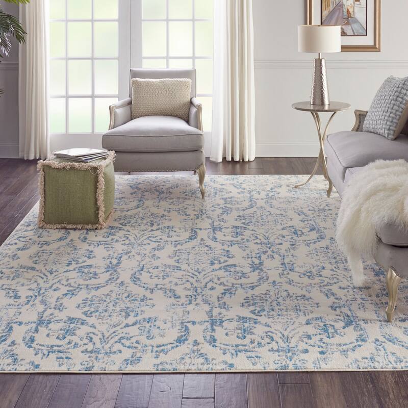 Nourison Jubilant Vintage Farmhouse Damask Area Rug - 8'6" x 12' - Ivory/Blue