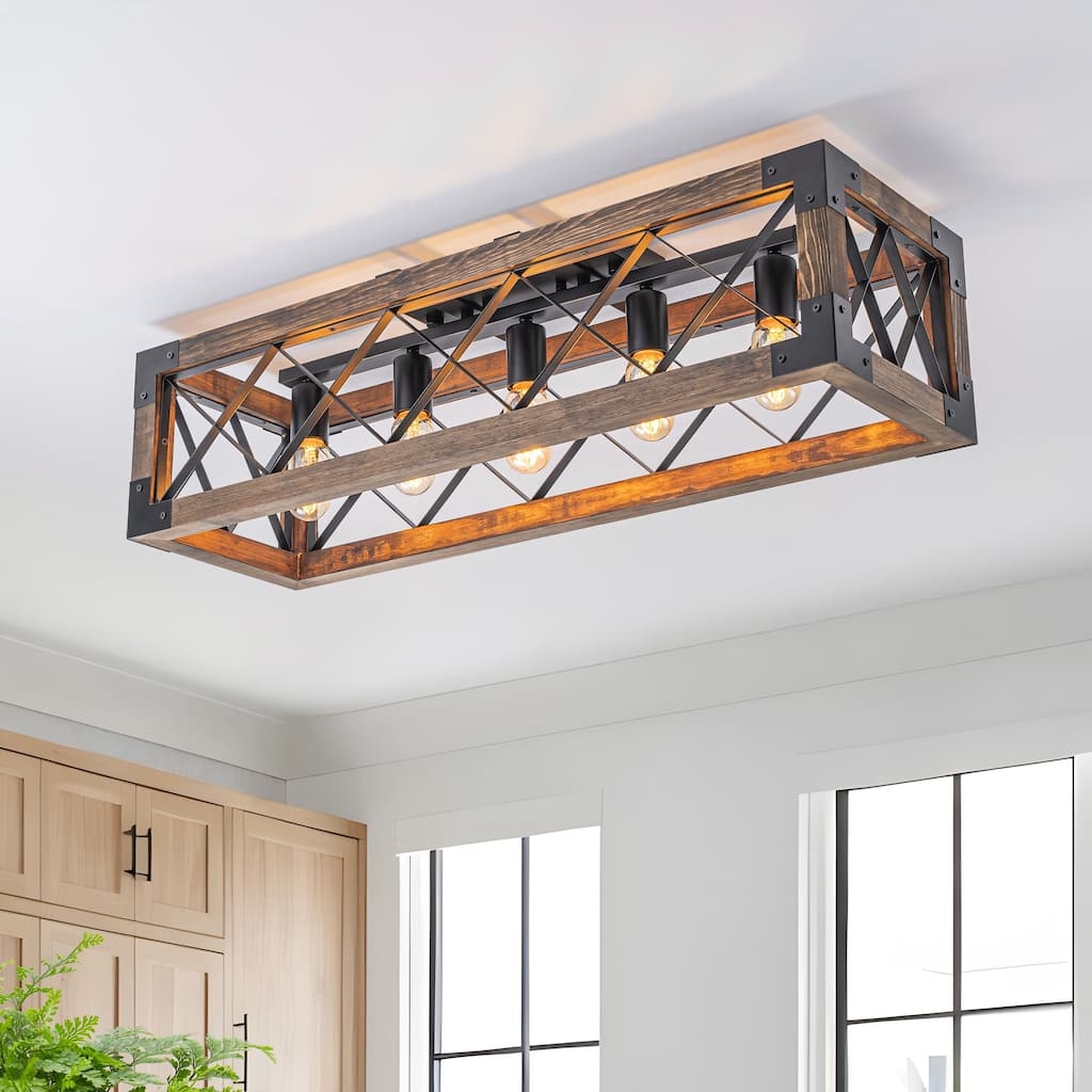 Starsky 5-Light 31.5in. Farmhouse Rectangular Lantern Flush Mount Ceiling Light