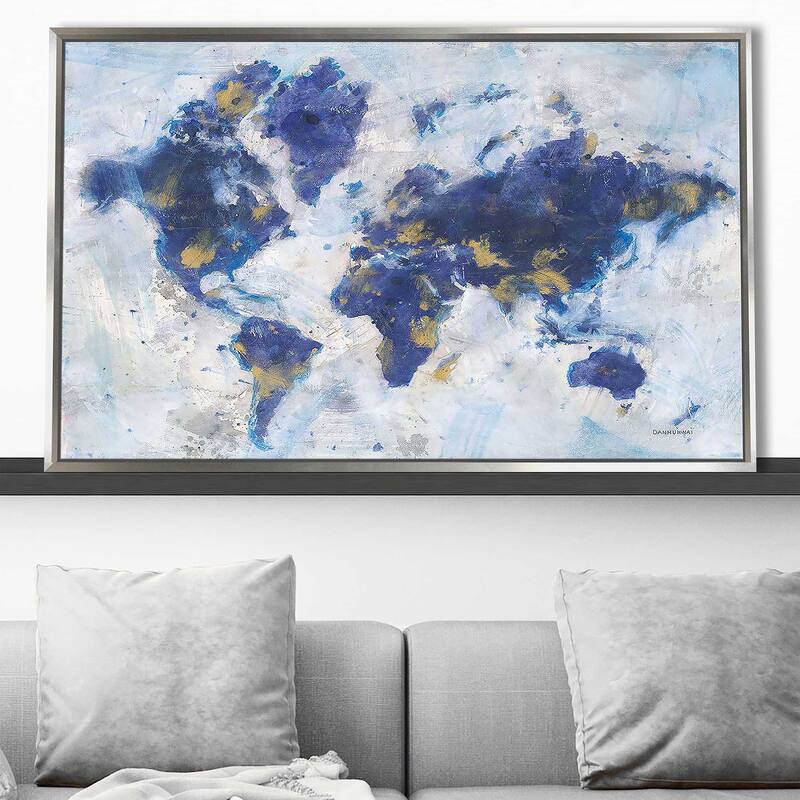 "Indigo World Map" Print on Floating Canvas