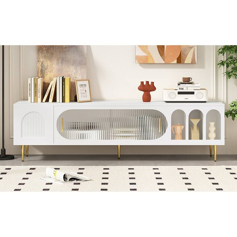 Modern TV Stand with Arched Shelves, Sliding Acrylic Door, Golden Metal Handles, and Ample Storage, Fits TVs up to 70 Inches.