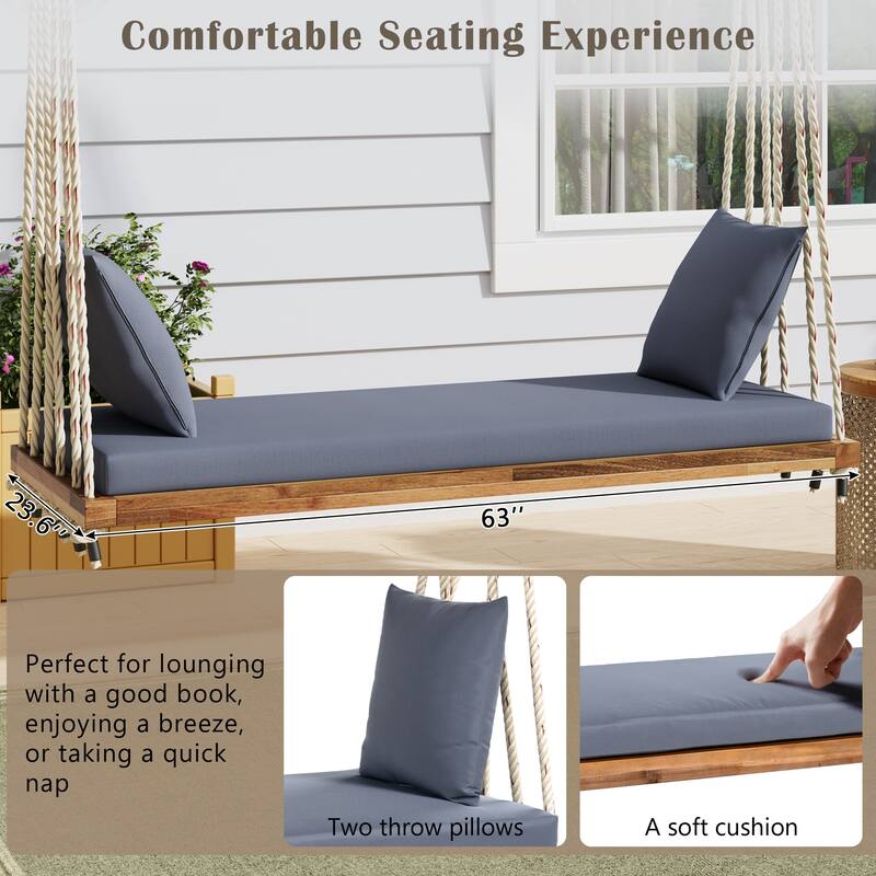 Premium Wooden Porch Swing Chair with Cushion Set - 10.8FT Weather-Resistant Hemp Rope Hanging Bench for Outdoor, Lawn, Deck