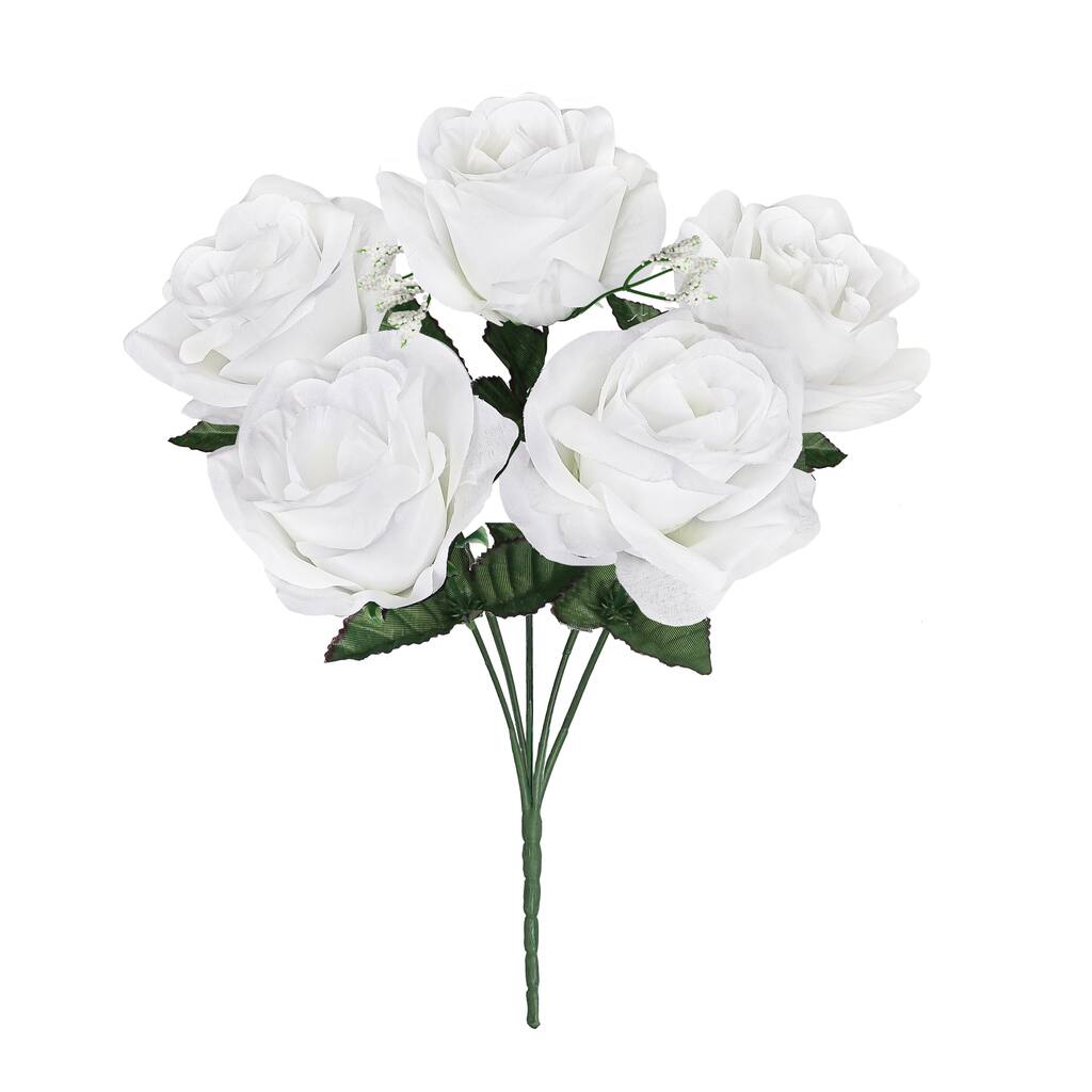Set of 12 White Artificial Open Rose Flower Stem Bush Bouquet 14in - 14" L x 7" W x 7" DP