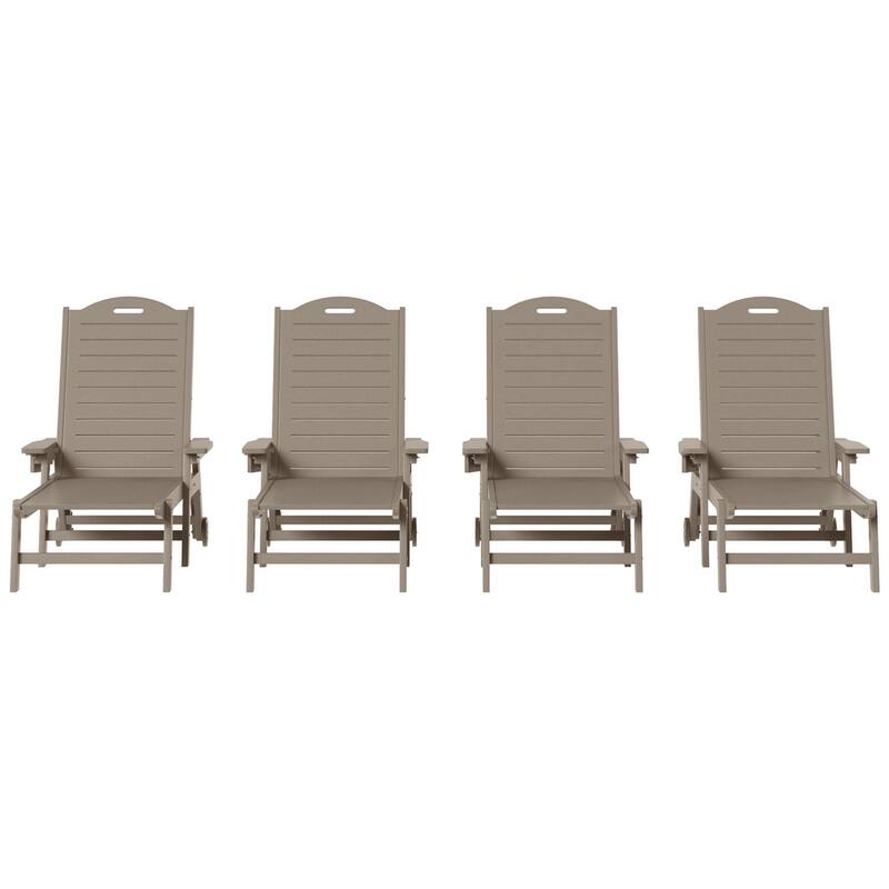 Brighton Outdoor Poly Reclining Chaise Lounge with Wheels & Cup Holder (Set of 4) - Weathered Wood