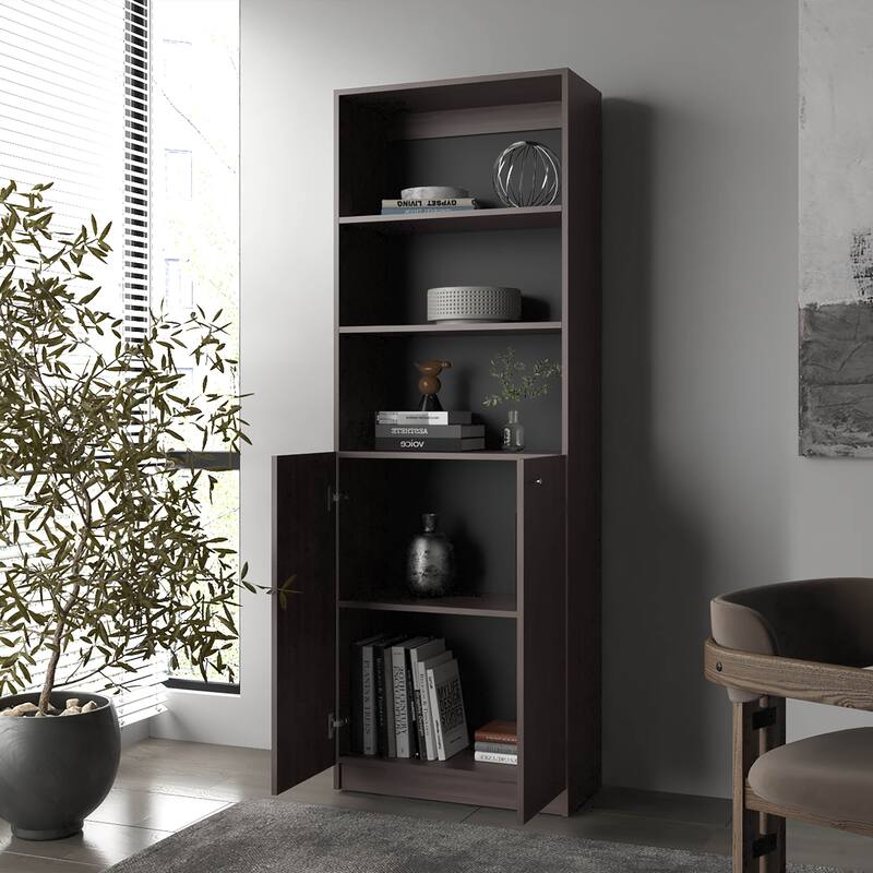 Stained Walnut Bookcase with Open Storage and 2 Doors