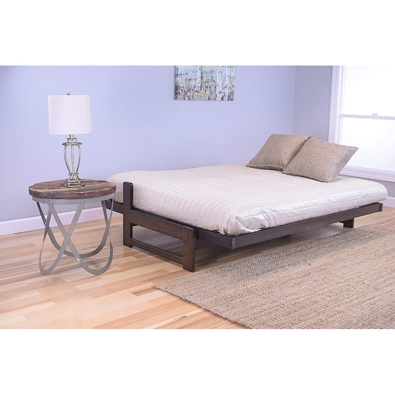 Full Size Futon Sofa Bed with Hardwood Frame in Mocha Finish and Plush Java Mattress for Living Room or Guest Room