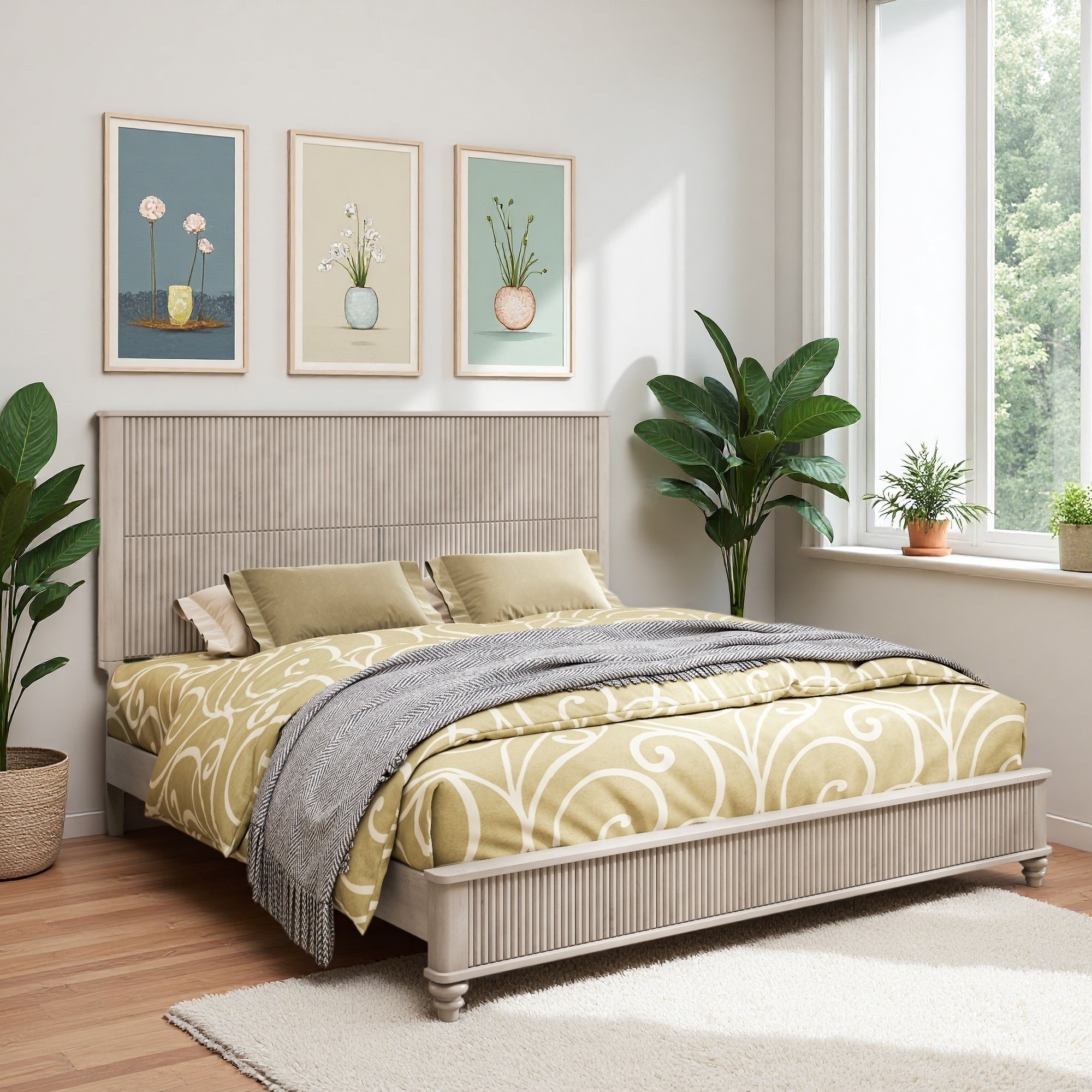 Solid Wood Platform Bed Frame with Tall Headboard and No Box Spring Needed
