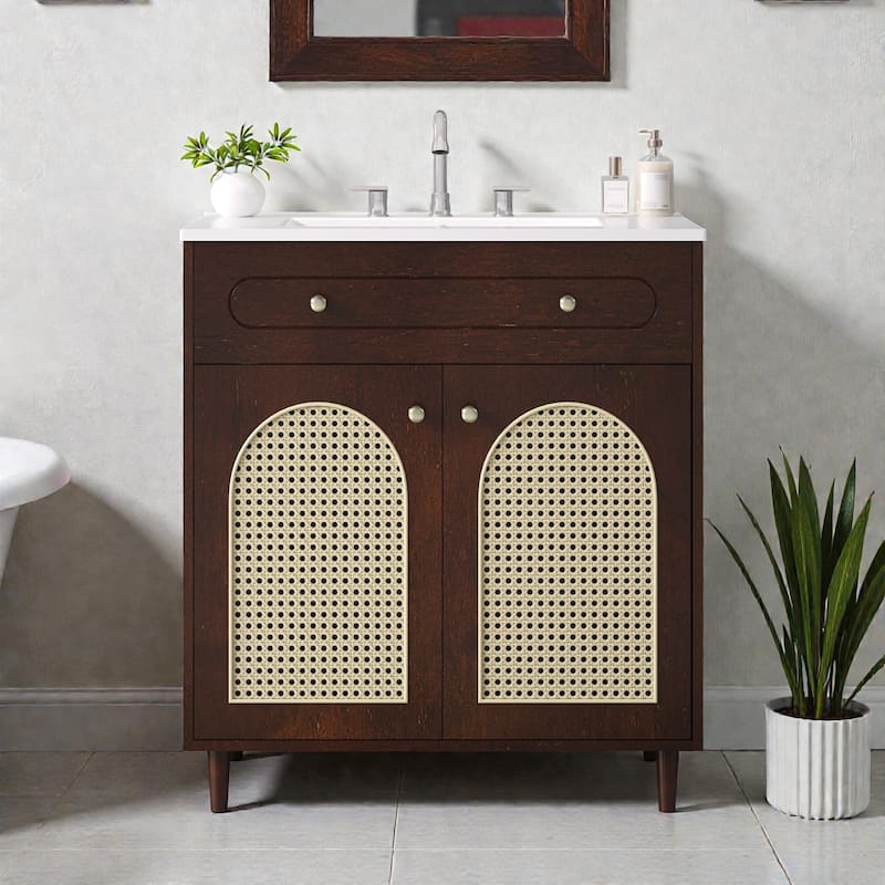 30 Inch Bathroom Vanity with Ceramic Sink, Solid Wood Frame Vanity Cabinet with Rattan Panels and Tip-Out Drawer - Walnut