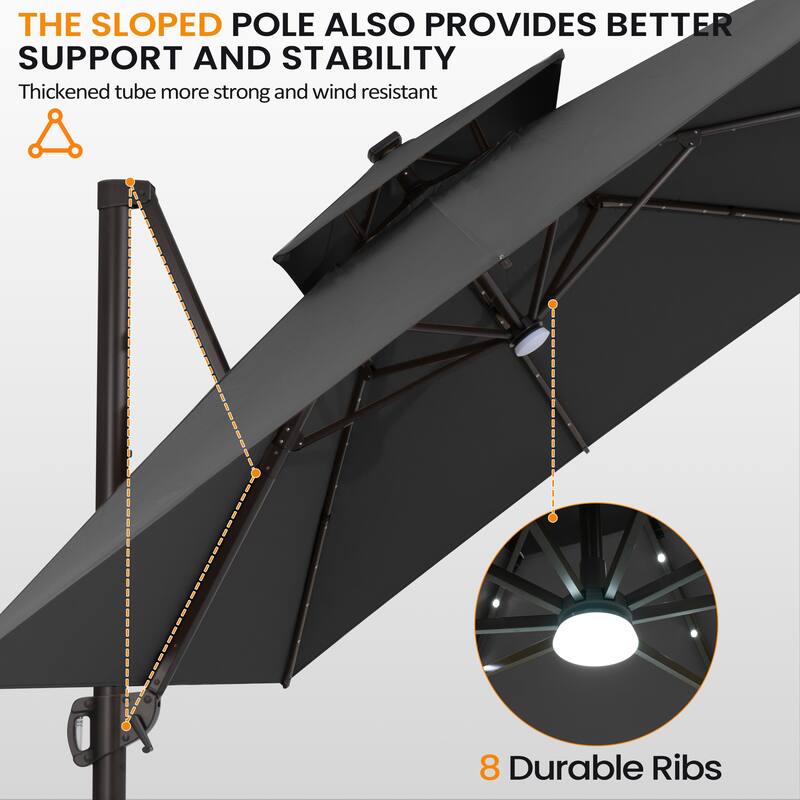 9x11 FT Rectangular Outdoor Patio Cantilever Umbrella Solar LED Lighted with Weight Base
